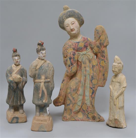 Four Chinese pottery figures of ladies, Tang dynasty or later, one with certificate